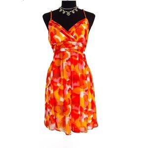 CITY TRIANGLES ~ Vibrant Orange and Red Pleated Sheer Lined Dress size 13